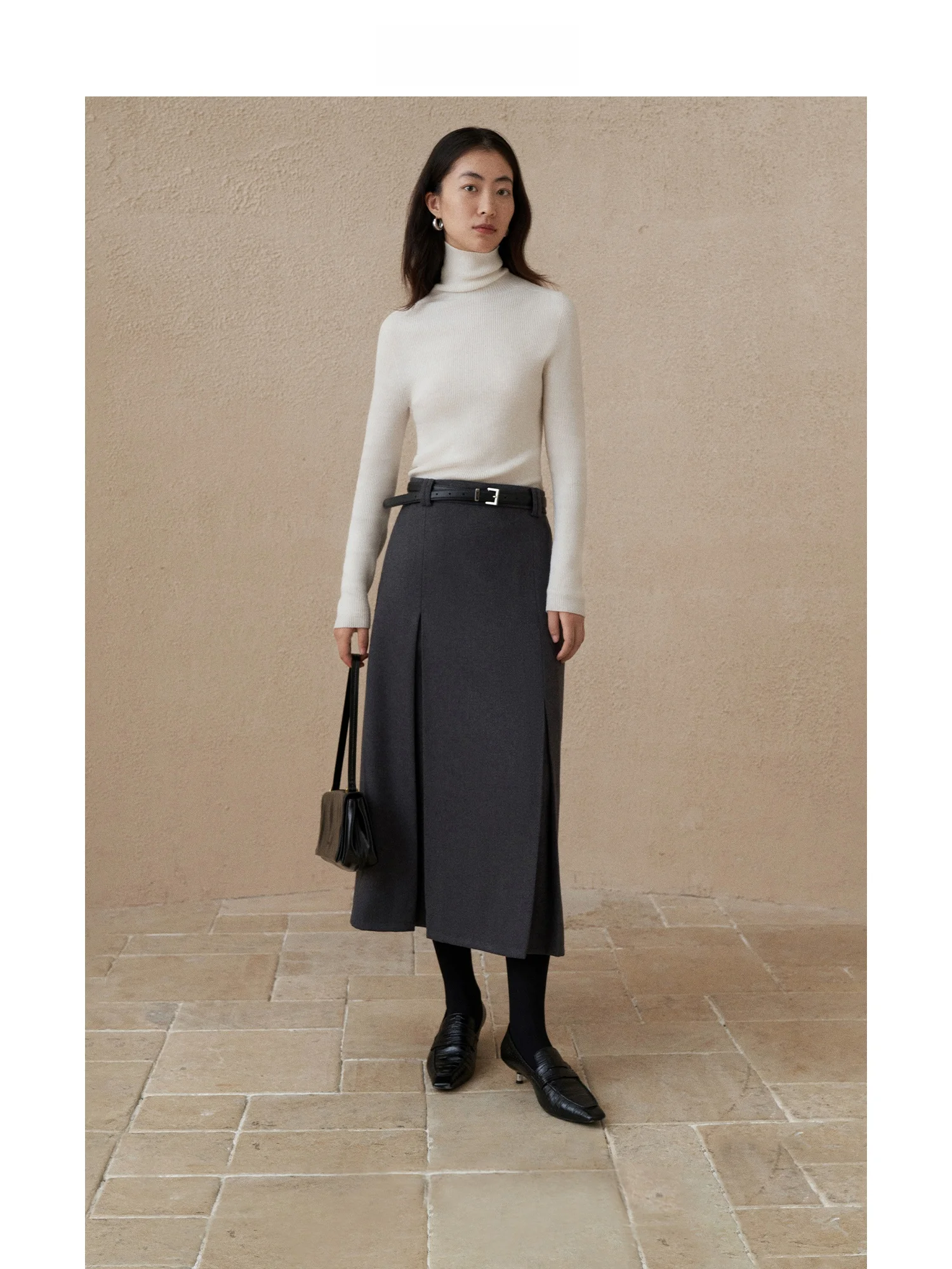 

Ruii Vintage Versatile Design Slimming Pleated Straight Cut Midi Skirt Women's Autumn Winter Polyester Viscose Blend