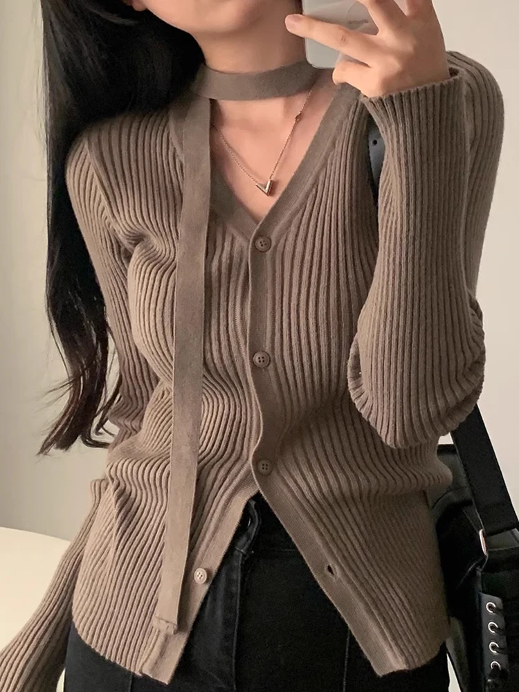 Long Sleeve Knitted Sweater Women's Spring Pure Desire Sle V-neck Single Button Slimming Hanging Neck Top Fashionable Commute