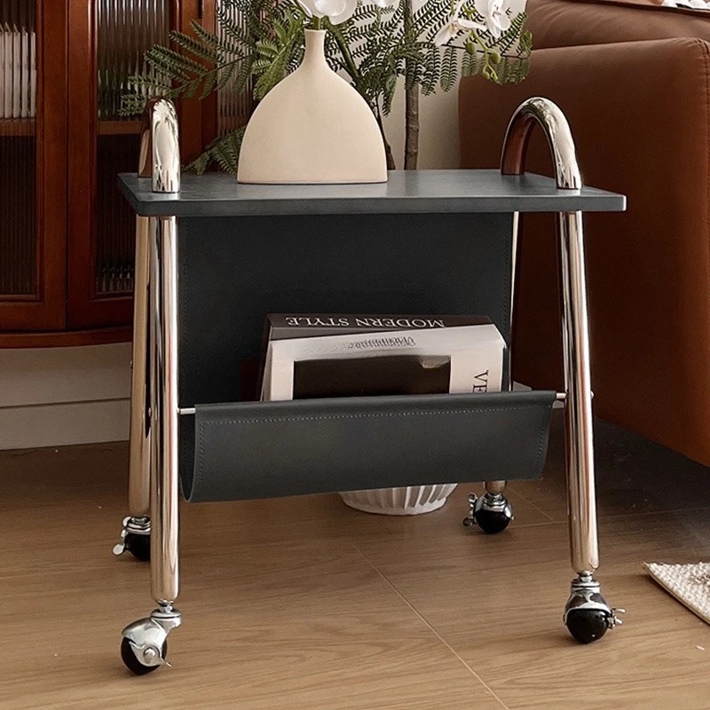 Light luxury simple storage sofa side few multi-functional mobile small coffee table retro stainless steel trolley magazine rack