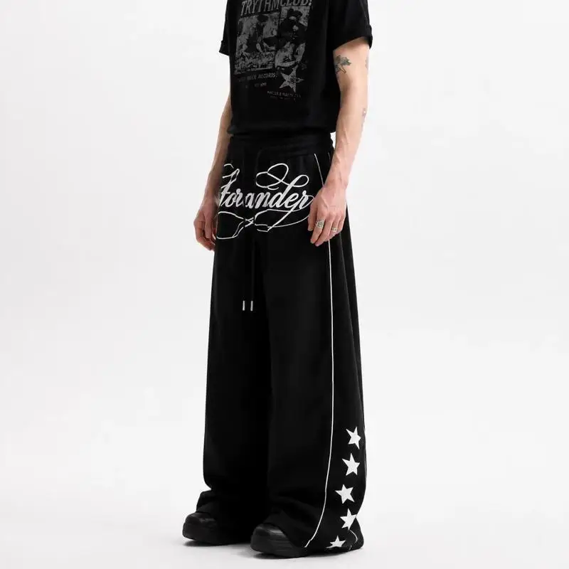 Men's Star Letter Print Hip-hop Pants Wide Legs Sweatpants Boys Casual Bottom Male High Waist Unisex Retro Trousers