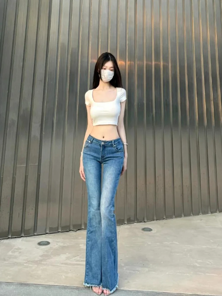 

Retro Waed Versatile Wide Leg Jeans Low Waist Slim Fit Women's Summer New Elastic Casual Cotton Stretch Long Pants