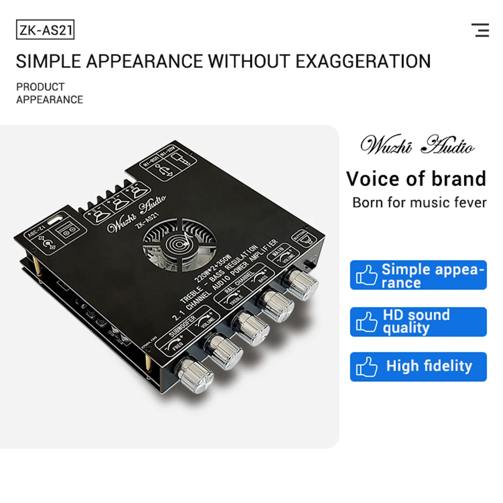 ZK-AS21 TPA3255 220WX2+350W 2.1 Channel Bluetooth Digital Audio Power Amplifier Board High Low Tone Subwoofer Amplifier Module