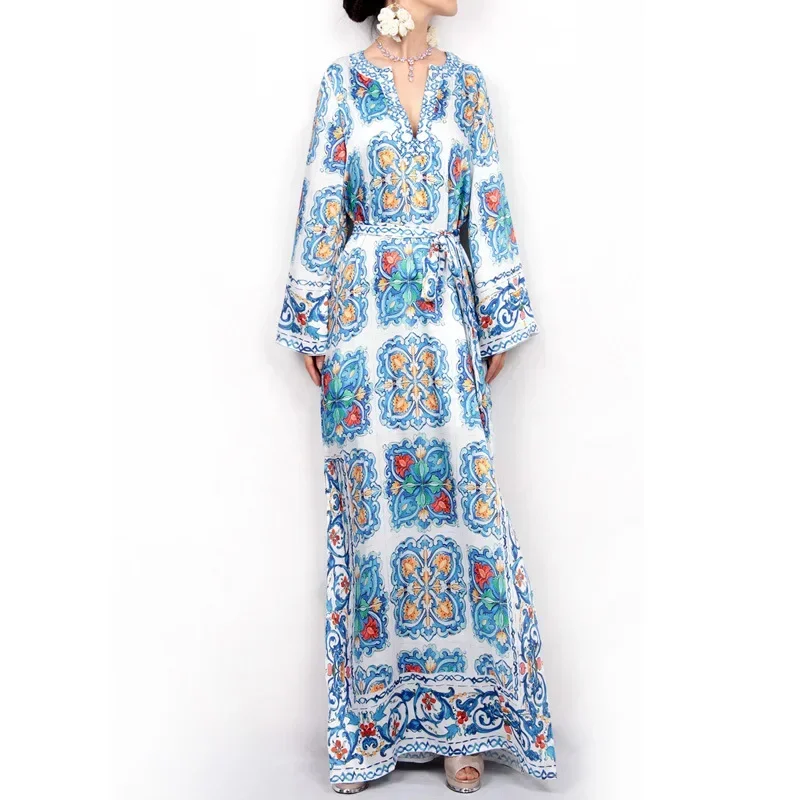 Robe de soirée en porcelaine bleue et blanche pour femmes musulmanes, vêtements décontractés, abayas de plage Boho, robe imprimée, mode musulmane