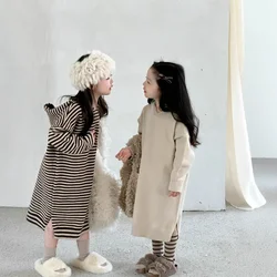 Children Clothing Girls Solid Color Simple Sweater Dress 2024 Winter New Striped Girls Loose Comfortable Hooded Knitted Dress