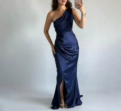 

Womens Dresses 2025 Spring Summer New Solid Color Sleeveless Slant Collar Sexy Split Zipper Back Slimming Ruched Long Dress