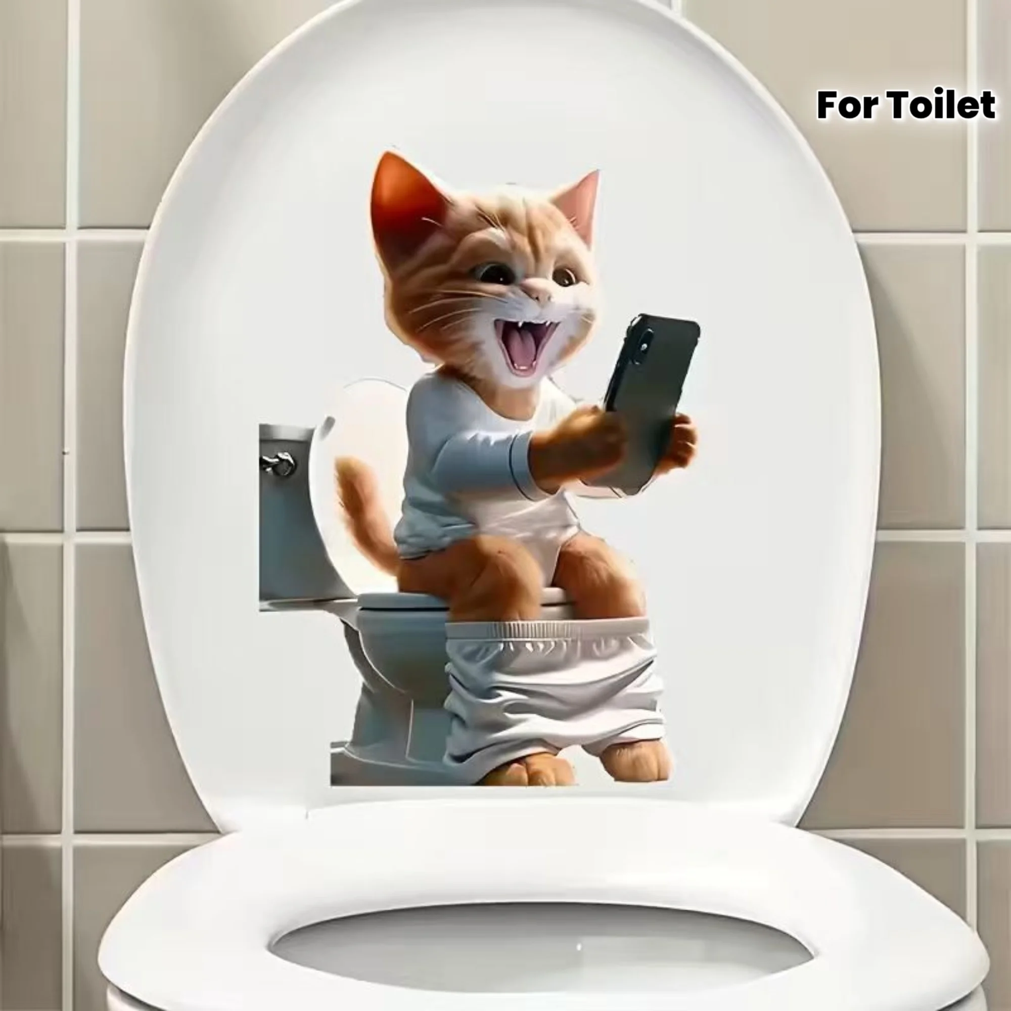 1pc Funny Cat Selfie Toilet Sticker, Cute Cartoon Cat Bathroom Wall Decal, Kids Room Decor, Removable Vinyl Decal for Bedroom