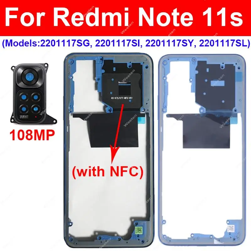 For Xiaomi Redmi Note 11S 4G Middle Frame Housing Middle Cover Case Bezel with/without Camera Lens Frame NFC Parts