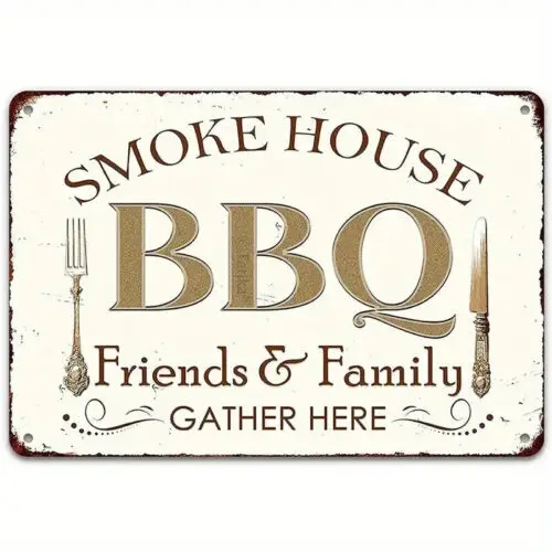 Smoke House BBQ Friends & Family Gather Here Vintage Novelty  Metal Sign