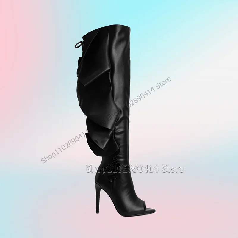 

Black Falbala Design Peep Toe Sandals Boots Side Zipper Women Shoes Thin High Heels New Fashion Banquet 2023 Zapatos Para Mujere