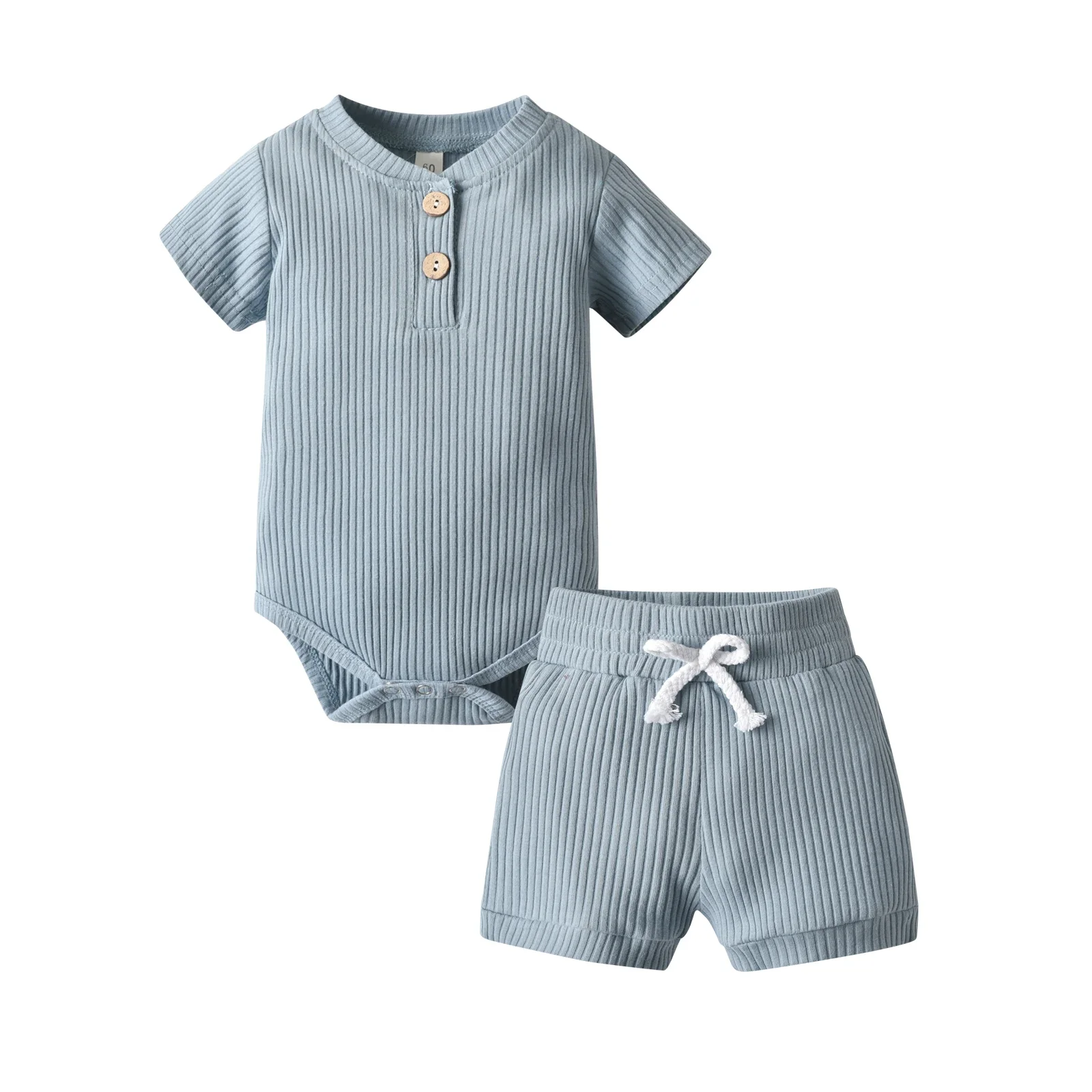 2PCS Summer Newborn infant Baby Boys Short Sleeve Clothes Set Solid Color Romper Bodysuit Top and Shorts Knitted Outfit for Boys