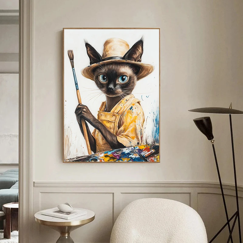 1pc frameless Canvas Painting Minimalist Pastel Cat Painting Poster Modern Funny Animal Prints Canvas Painting Wall Art Pictures