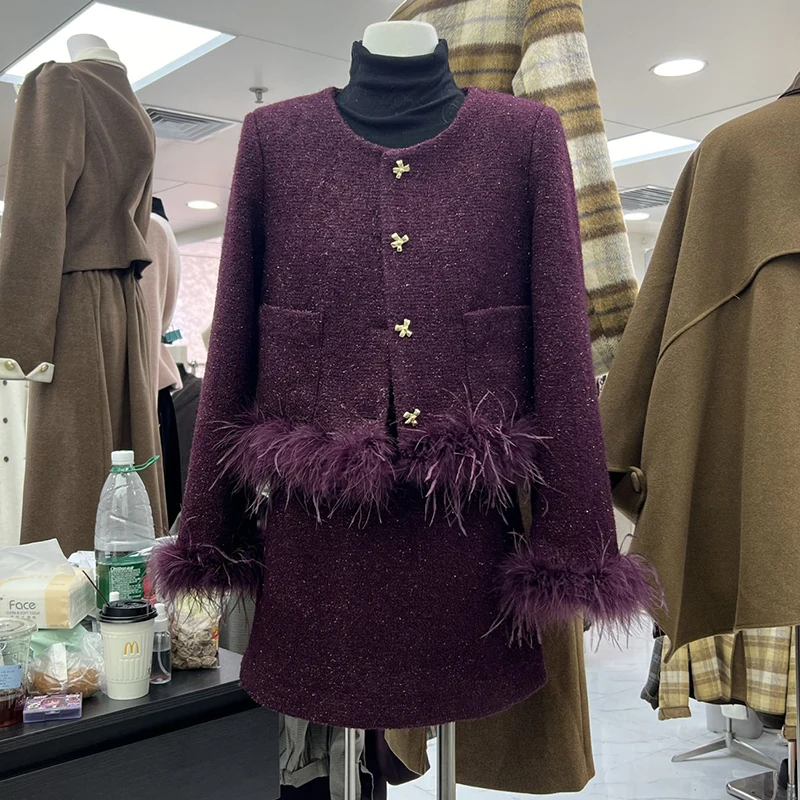New High-end Temperament Light Luxury Feather Purple Two Piece Skirt Set Sequin Down Jacket Small Fragrant Style Two-piece Set
