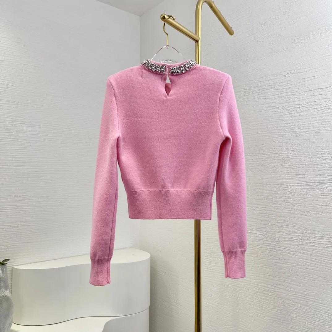 2024 Winter New Sweet Pink Long Sleeve Beading Sweater Pullover Tops for Women