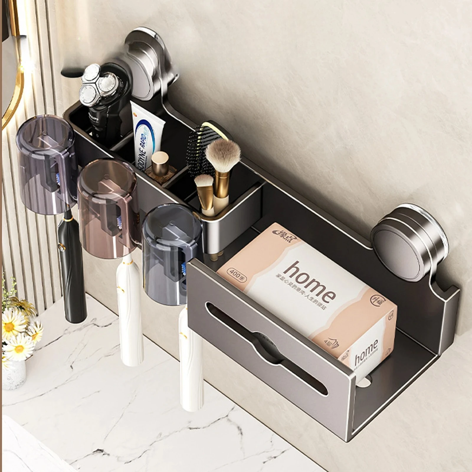 

For Suction Cup Toothbrush Holder With Paper Towel Holder Bathroom Shelf Mouthwash Cup Toothbrush Holder