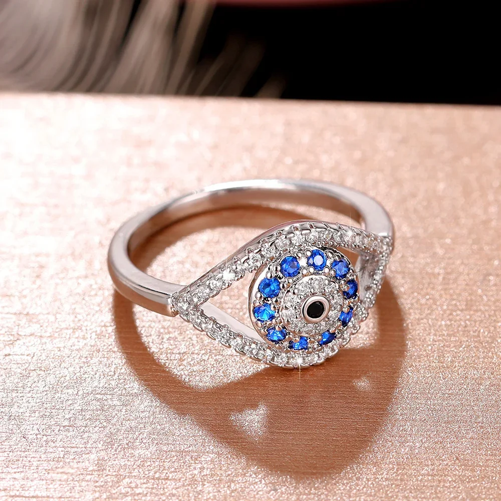 YILUOCD Elegant Dark Blue Zirconia Rings Cubic Zirconia Turkish Evil Eye Signet Ring for Women Jewelry Protection Lucky Gift