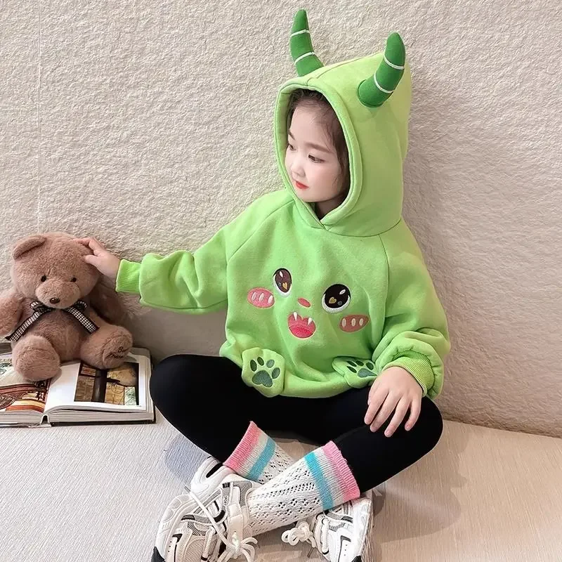 Autumn/Winter Playful Little Devil Fleece-Lined Thickened Hooded Sweatshirt for Baby Girls Kids - Stylish Trendy Top