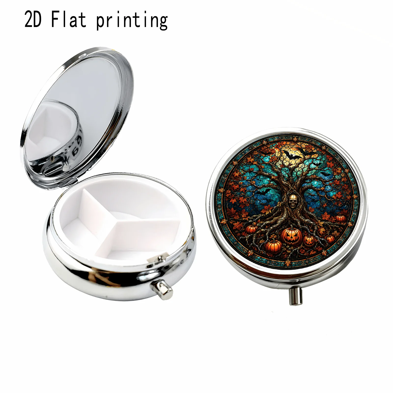 1Pc Round Pill Box with Halloween Ancient Tree Pumpkin Stained Glass Pattern, Halloween Retro Stained Glass Style, Flat Printing, Portable Metal Small Pill Box, High-Value Small Pill Box, Round Portable Pill Box, Mini Metal Jewelry Box, Portable Jewelry Box, Travel Organizer, Vitamin Storage, Suitable for Gifting to Girls, Made of Durable Metal and Plastic