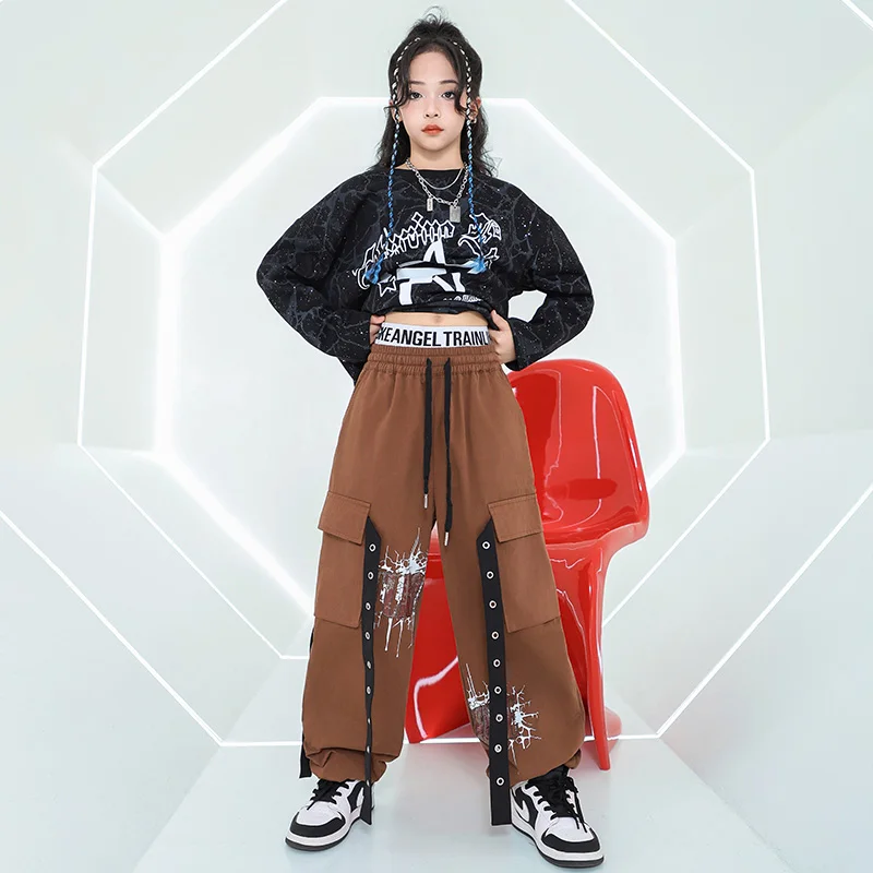 Jungen Hip Hop Tanzkostüm Schwarze Tops Braune Hosen Mädchen Jazz Dance Rock Performance Outfits Mode Kinder Street Wear BL14090