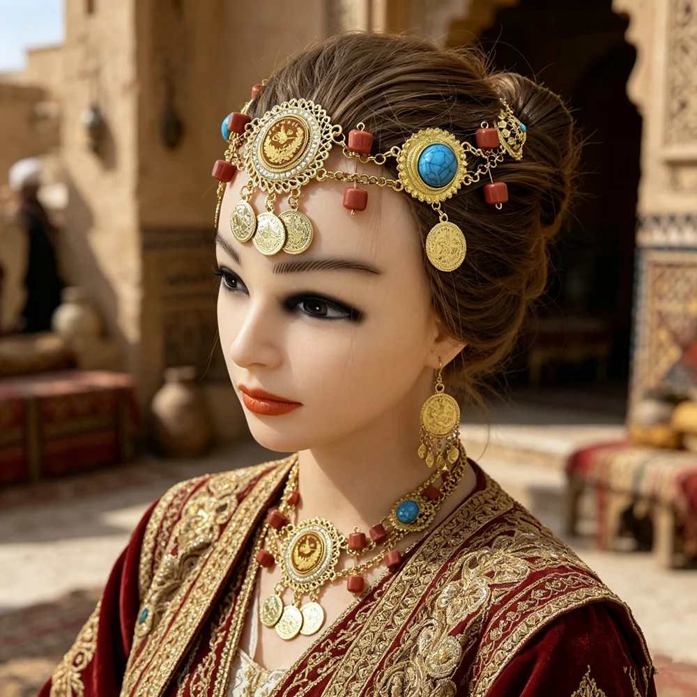 

Retro Coin Pendant Head Chain Boho Turquoise Inlay Forehead Jewelry For Bridal Party Costumes