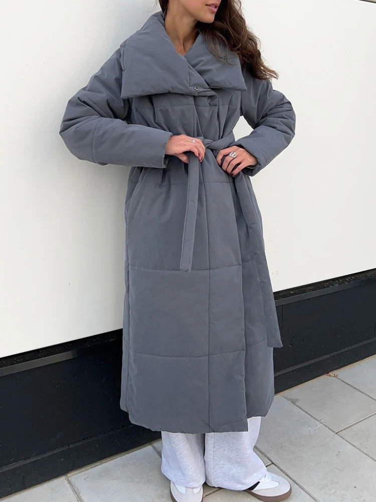 

Over Sized Warm Long Belt Puffer Jackets Solid Color Ladies Cotton Padded Jacket Women Loose Quilted Jackets Parkas Winter Coats