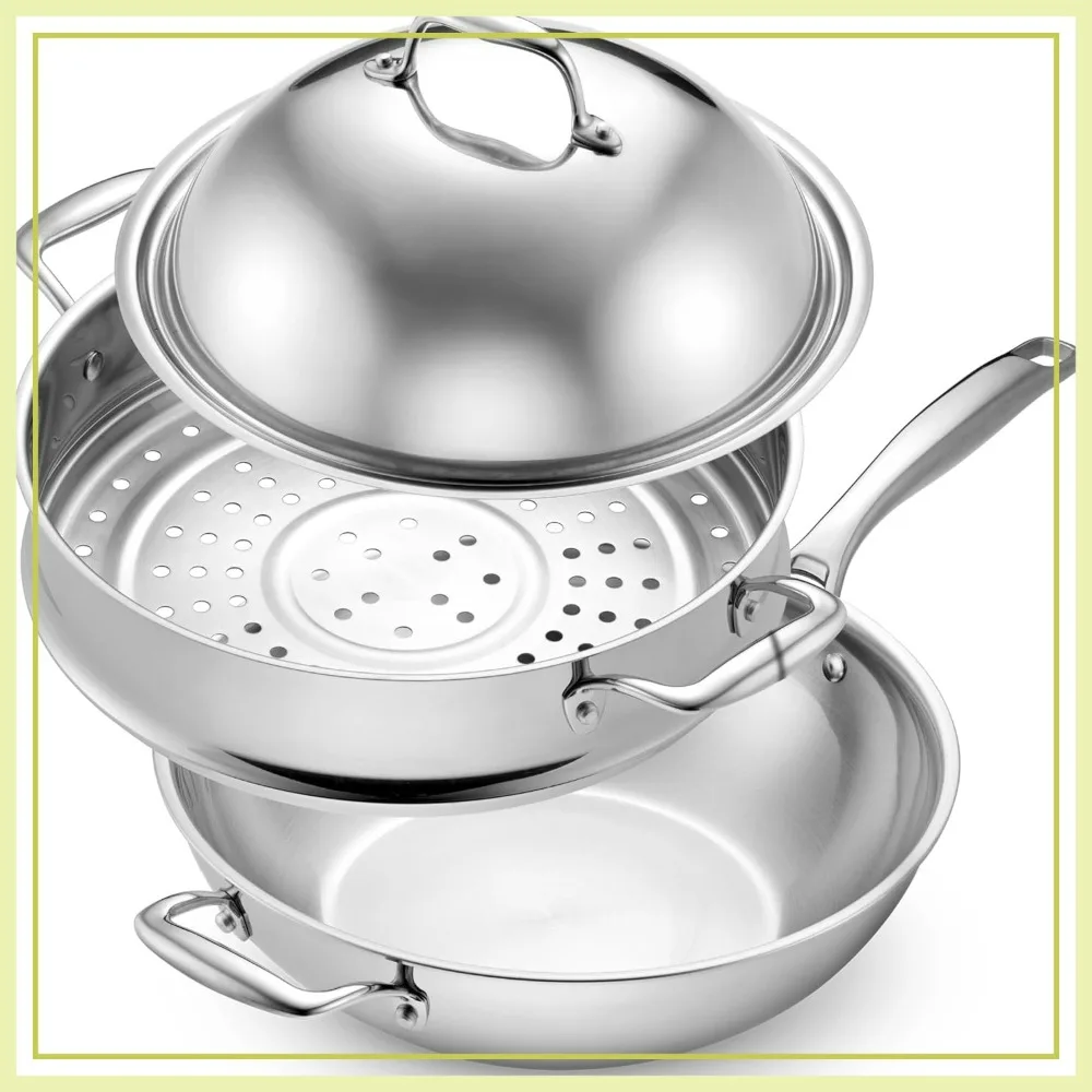 

12-Inch 5-Ply Stainless Steel Wok Set, 5-Quart with Lid & Steamer - Induction Compatible, Oven Safe 800°F, Non-Toxic, No Coatings, Even Heating