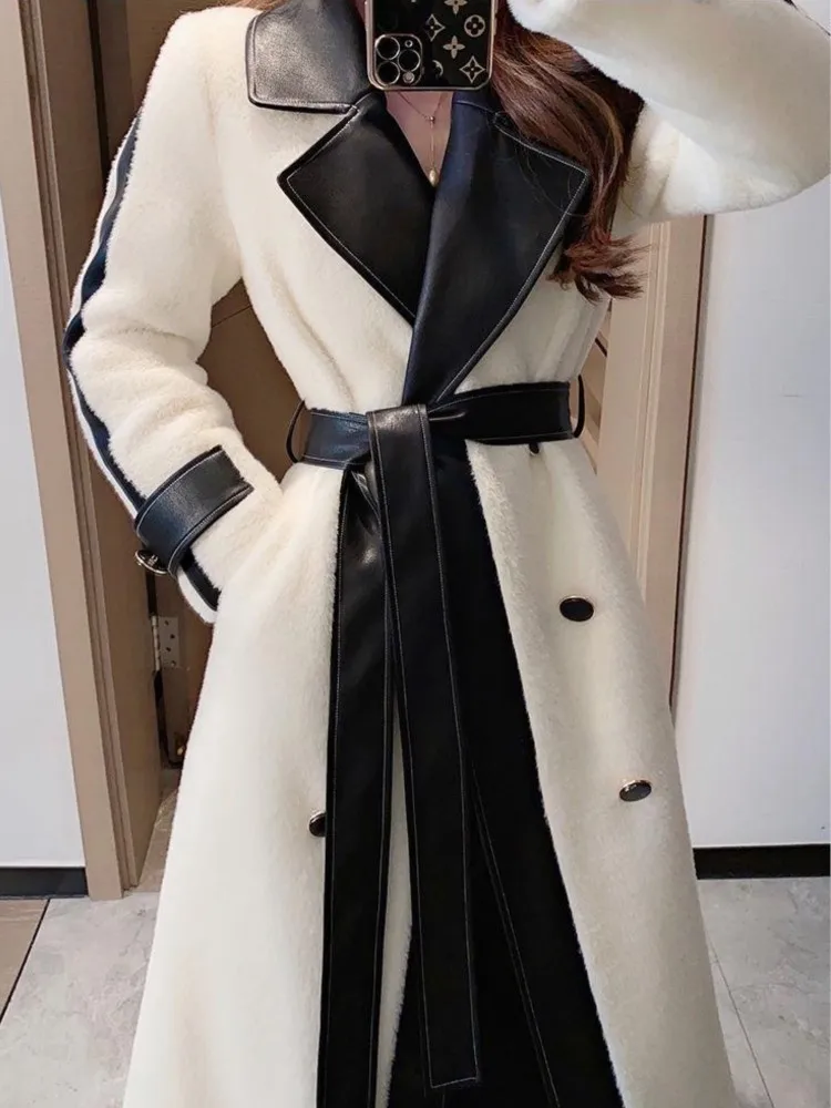 Autumn Winter Elegant Woolen Coat Women Contrast Color Patchwork Long Jackets with Belt Lapel Korean Fashion Female Outerwear