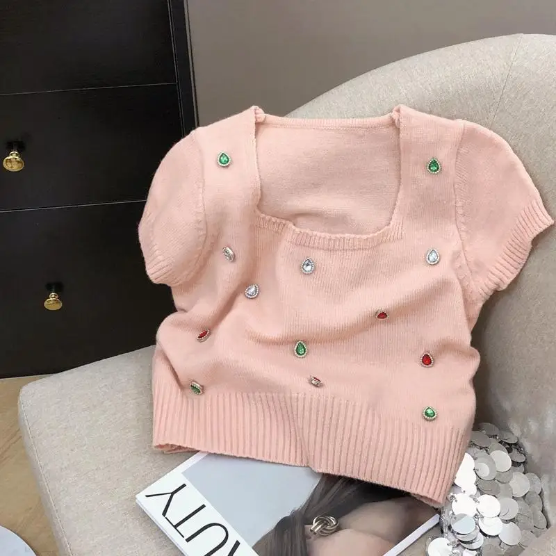 Summer Vintage Elegant Square Collar Slim Short Sleeve Tops Women's Fashion Diamond Elastic Knitted T-Shirt