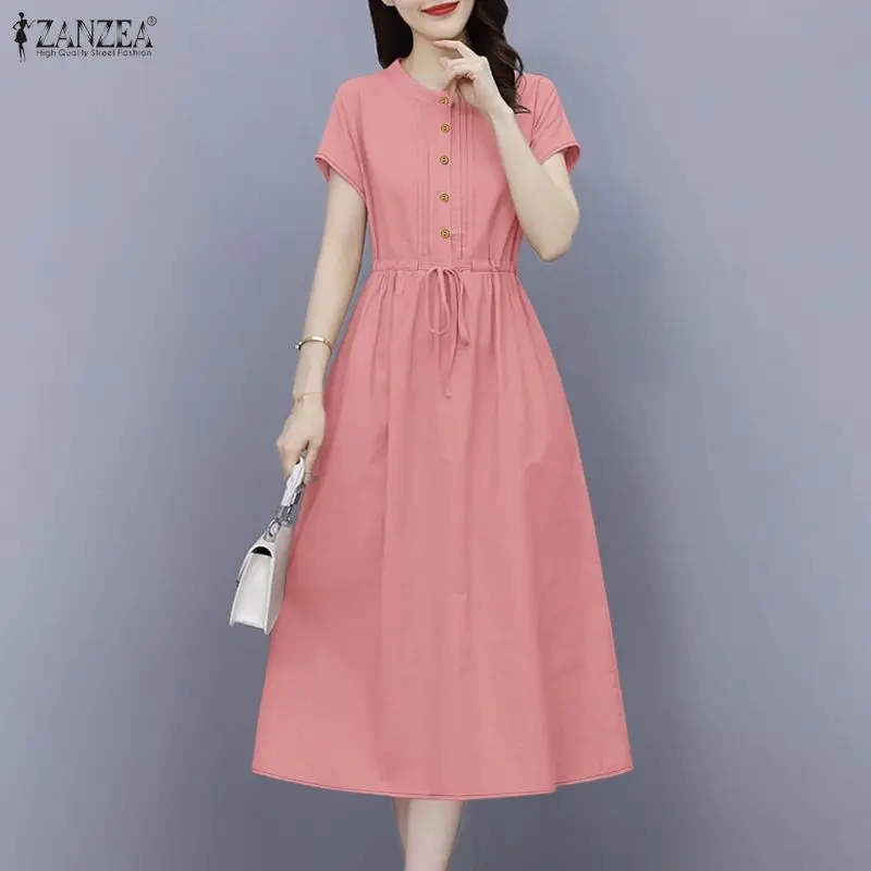 ZANZEA été femmes décontracté a-ligne robes mi-longues à manches courtes taille haute cordon couleur unie robe tous les jours femme vêtements 3XL