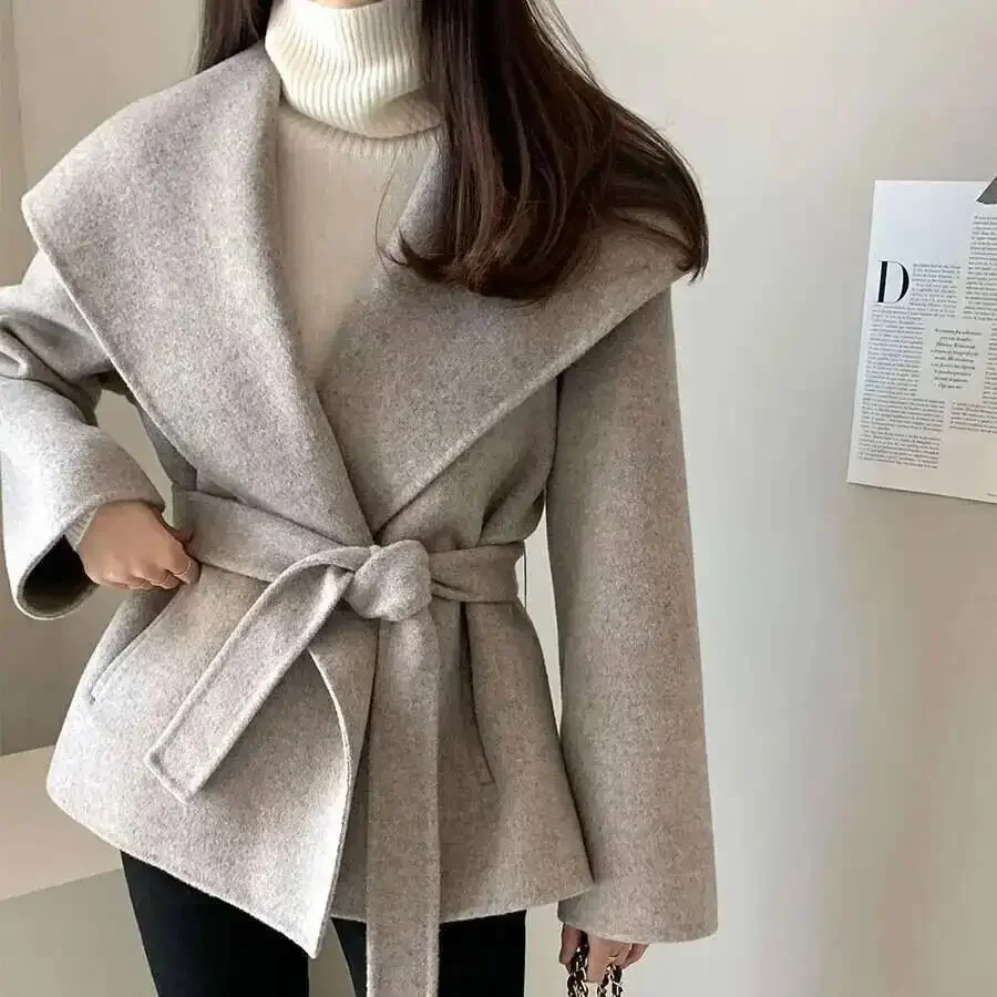 

Big Turn-down Collar Long Sleeve Double-faced Cashmere Coat Lace-up Chic Women Winter Woolen Coats 2025 Autumn New