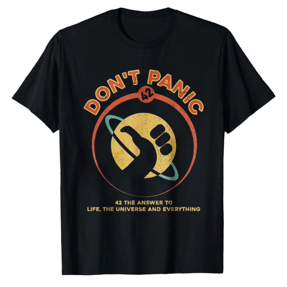 

Retro Hitchhikers Guide To The Galaxy Graphic Tee 42 Answer To Life The Universe and Everything Don't Panic Casual T-Shirts