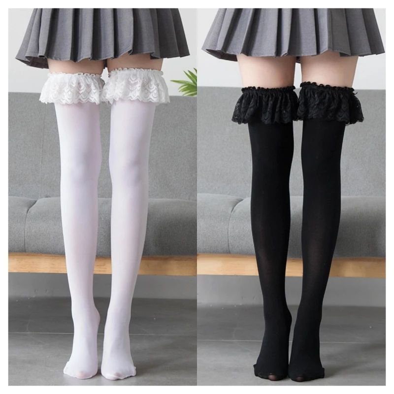 Lolita Velvet Knee Length Lace Edge Stockings For Women Comic Cosplay Stockings Thigh High Women's Calf Socks Black White