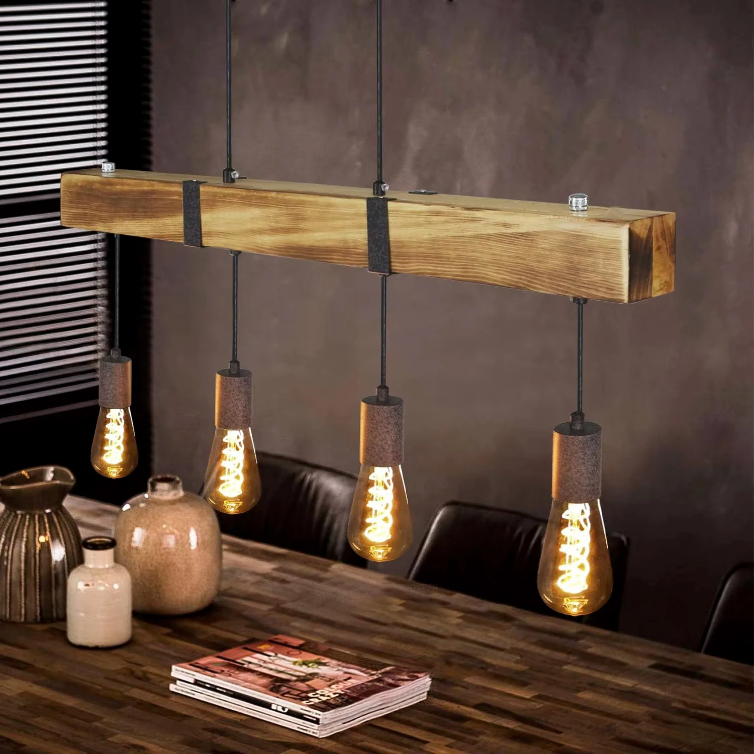 Vintage Pendant Light Wood Dining Table Lamp Retro Hanging Lamp Industrial Wooden Beam 4 X E27 for Kitchen Island Living Room