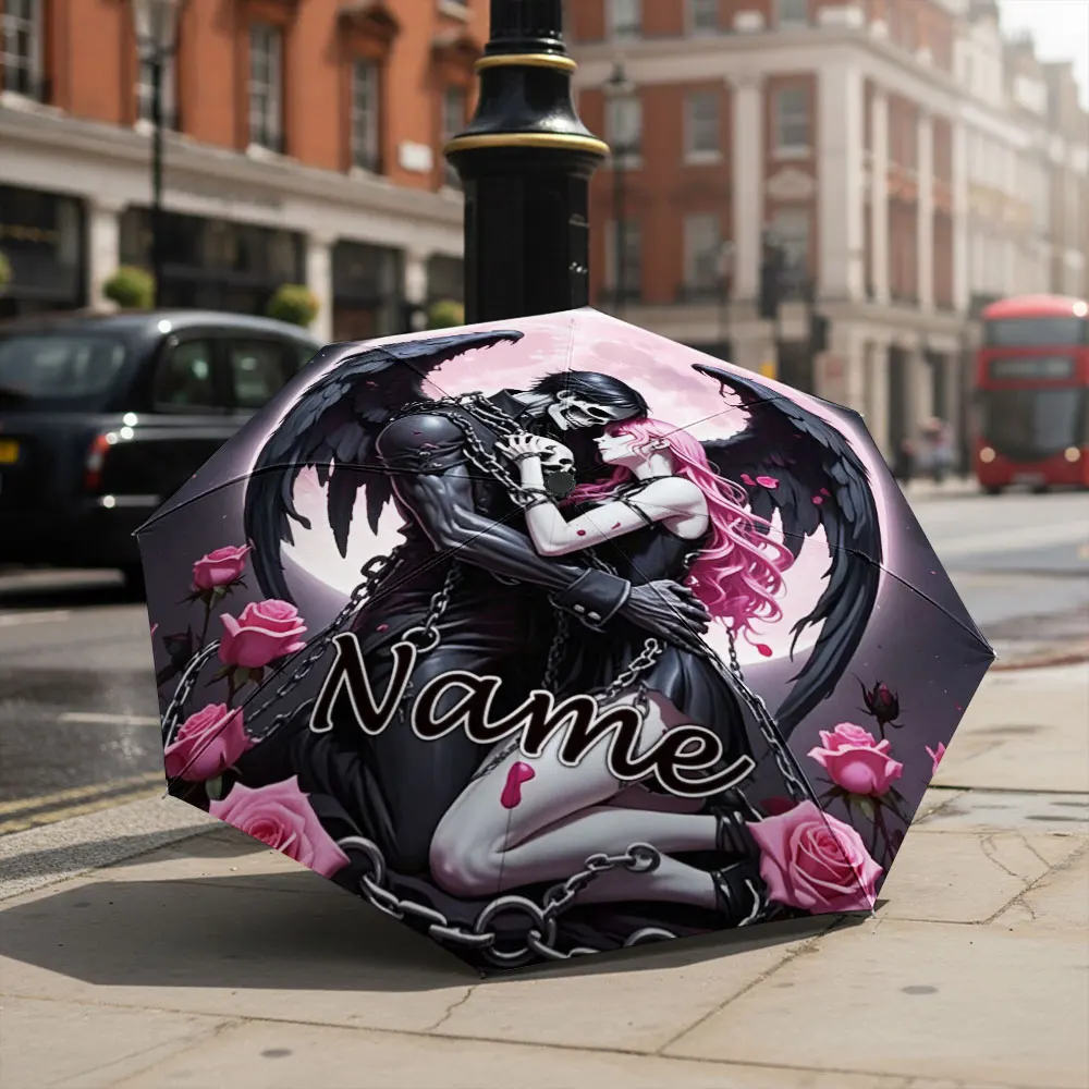 Custom Name Umbrella Gothic Skeleton Dark Angel Couple Under Pink Full Moon With Roses Print Folding Umbrella, Portable Parasol