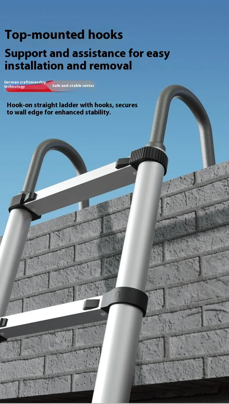 Telescopic straight ladder with hooks and wheels, thickened aluminum alloy, easy to store household ladder, engineering ladder - view 2