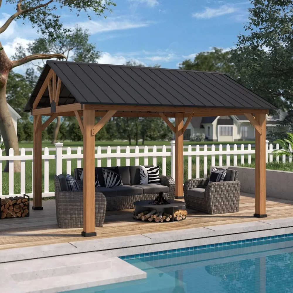 

11x13 Hardtop Wood Gazebo,Outdoor Cedar Wood Frame Pavilion, Galvanized Steel Gable Roof, for Patio, Natural Wood/Black