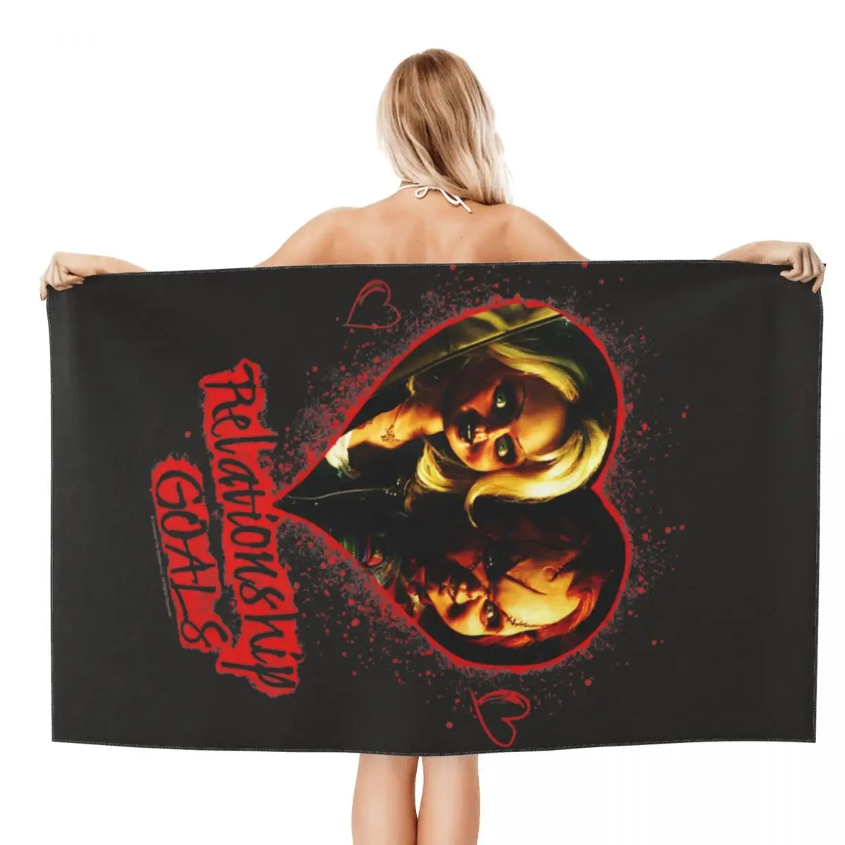 Custom Childs Play Chucky And Tiffany Relationship Goals Beach Towel Quick Dry Scary Horror Movie  Linen Microfiber Bathroom