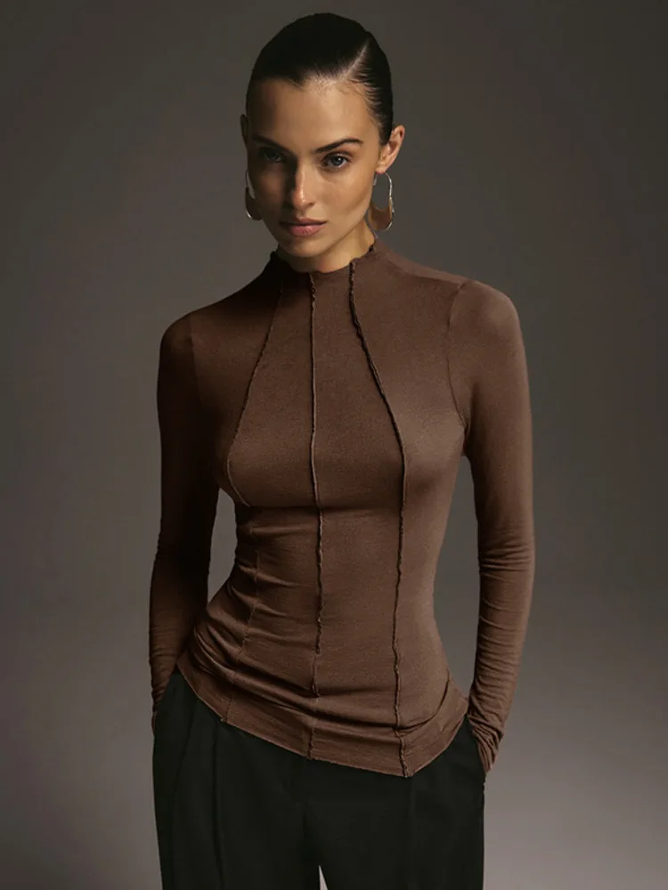 

Mozision Лоскутная сексуальная футболка с длинным рукавом, женский топ, элегантный тонкий пуловер с круглым вырезом, женские модные топы с текстурированной строчкой