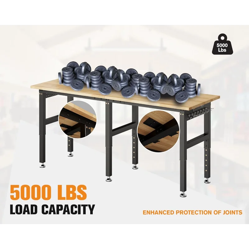 84“ Adjustable Heavy Duty Workbench with 4 AC Outlet and 2 USB Ports Power Outlets, 5000 Lbs Capacity, Rubber Wood Top