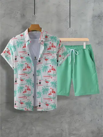 2pcs Men's Hawaiian Flamingo Print Shorts Shirt Set Drawstring Waist Summer Beachwear Palm Tree Prints Asian Size