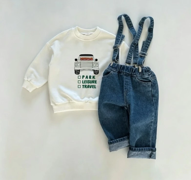 Small Children Car Print Sweatshirt Skin Friendly Cotton Tops Green And Navy Color Options Kid Boys Girls Clothing Pullover Wear