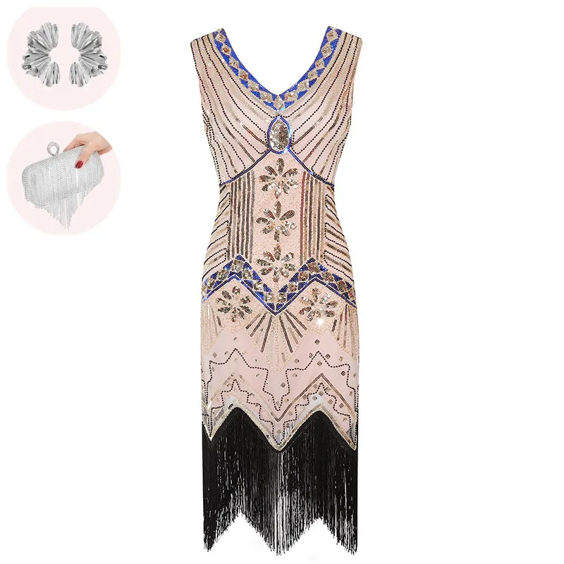 Handmade 10 color Women's Plus Size Flapper Dresses 1920s V Neck Beaded Fringed Great Gatsby Vintage Party Dresses