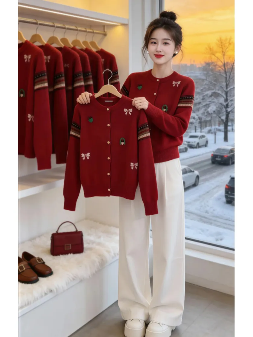 

Новогодний красный вязаный кардиган для женщин, модный осенне-зимний топ на одной пуговице, повседневный, средней толщины