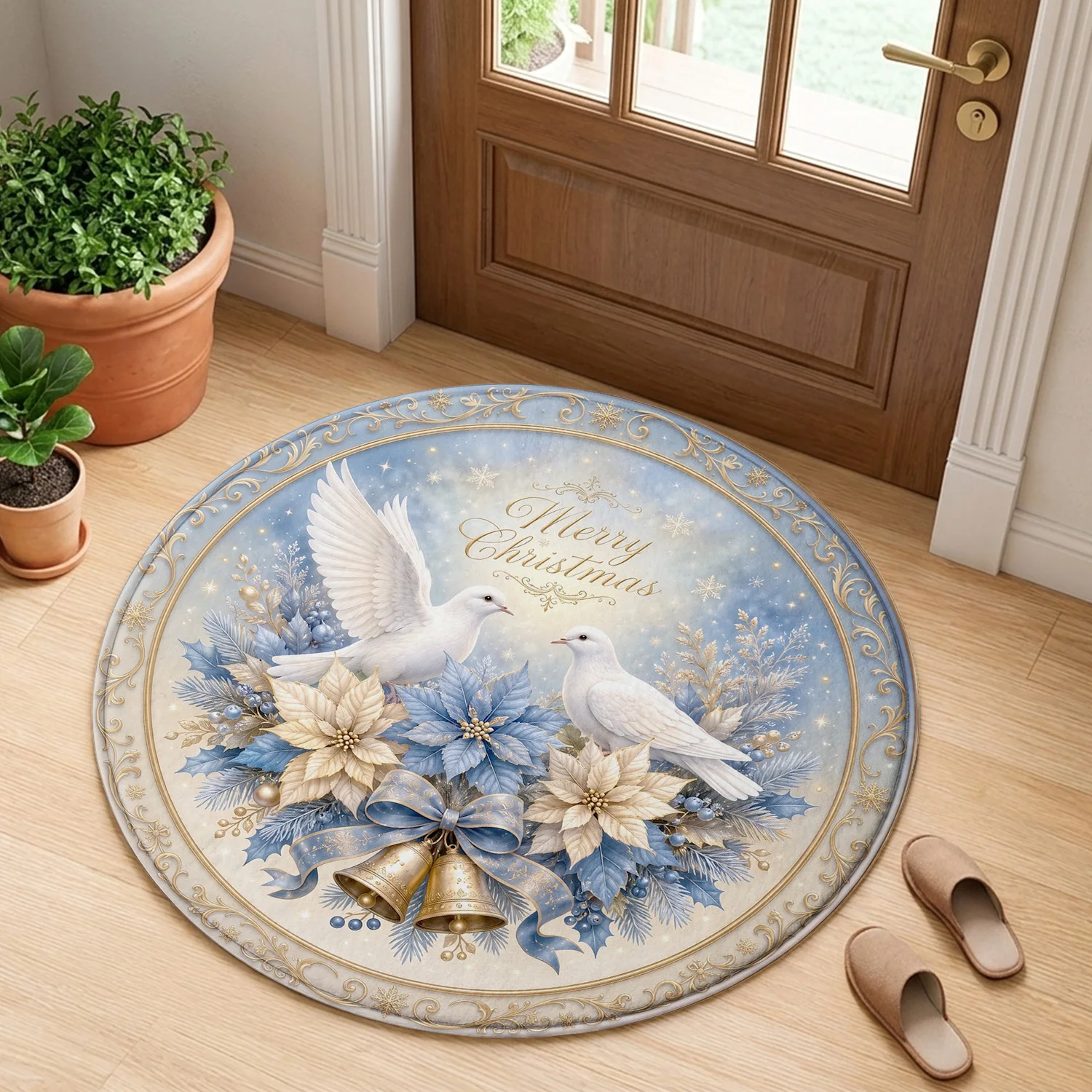 Merry Christmas White Dove Poinsettia Flower Bell Blue Gold Pattern Holiday Luxury Round Mat Area Rug Home Decor