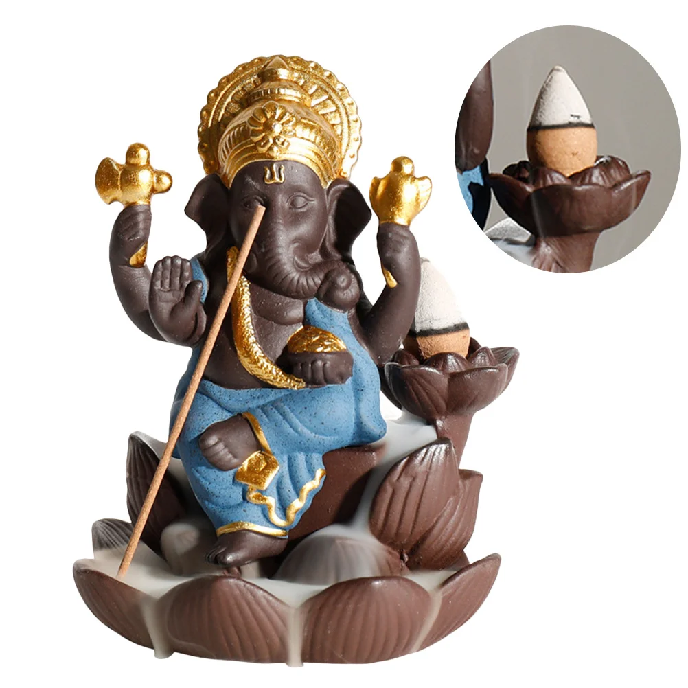 

Backflow Incense Burner Ceramic Elephant God Statue Purple Clay Handcrafted Smoke Waterfall Design for Study Bedroom Sauna Blue
