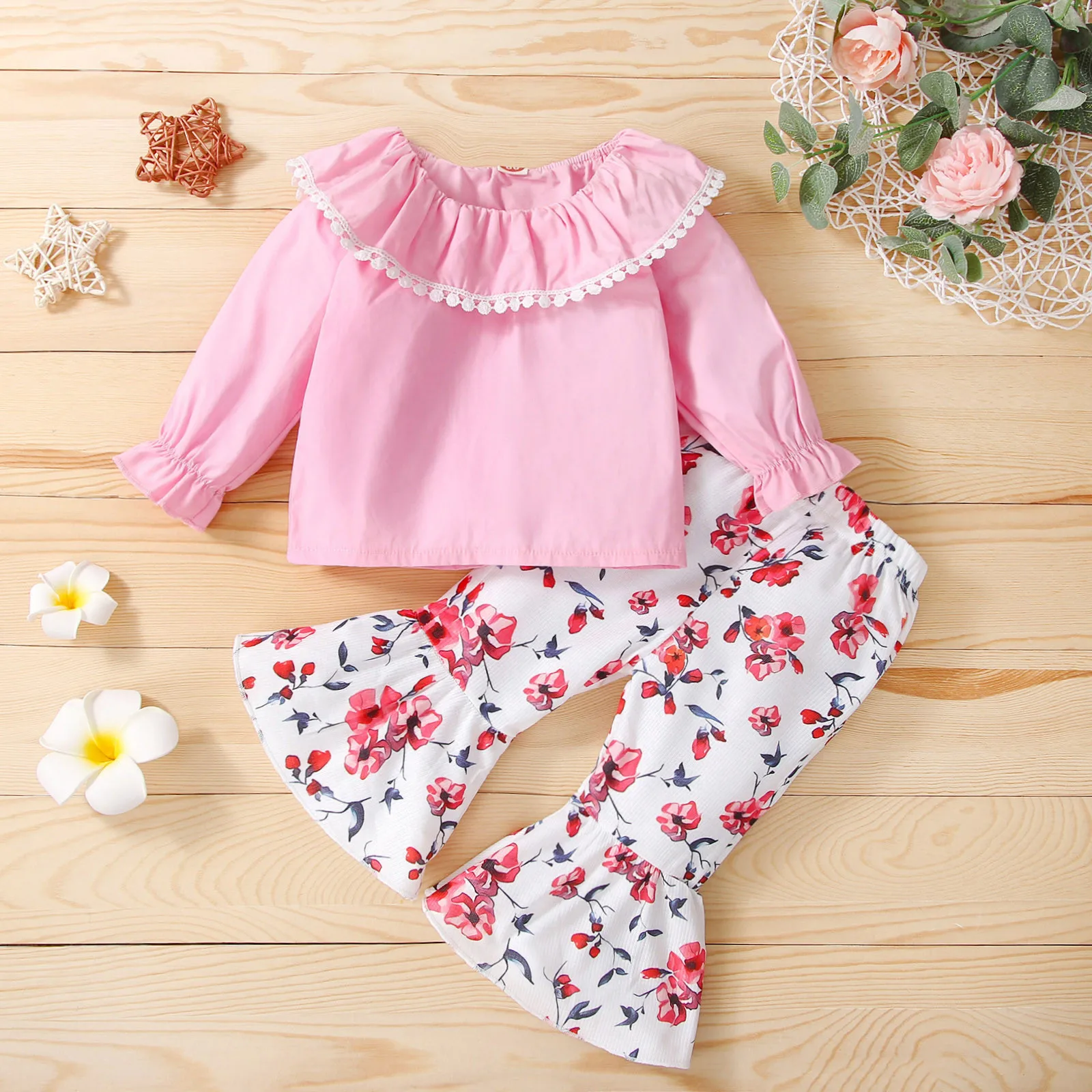 

Home Baby Toddler Baby Girls Two-piece Sets Long Sleeve Ruffle T-shirt Tops And Pant Suit Floral Printed Flare Short Sleeve