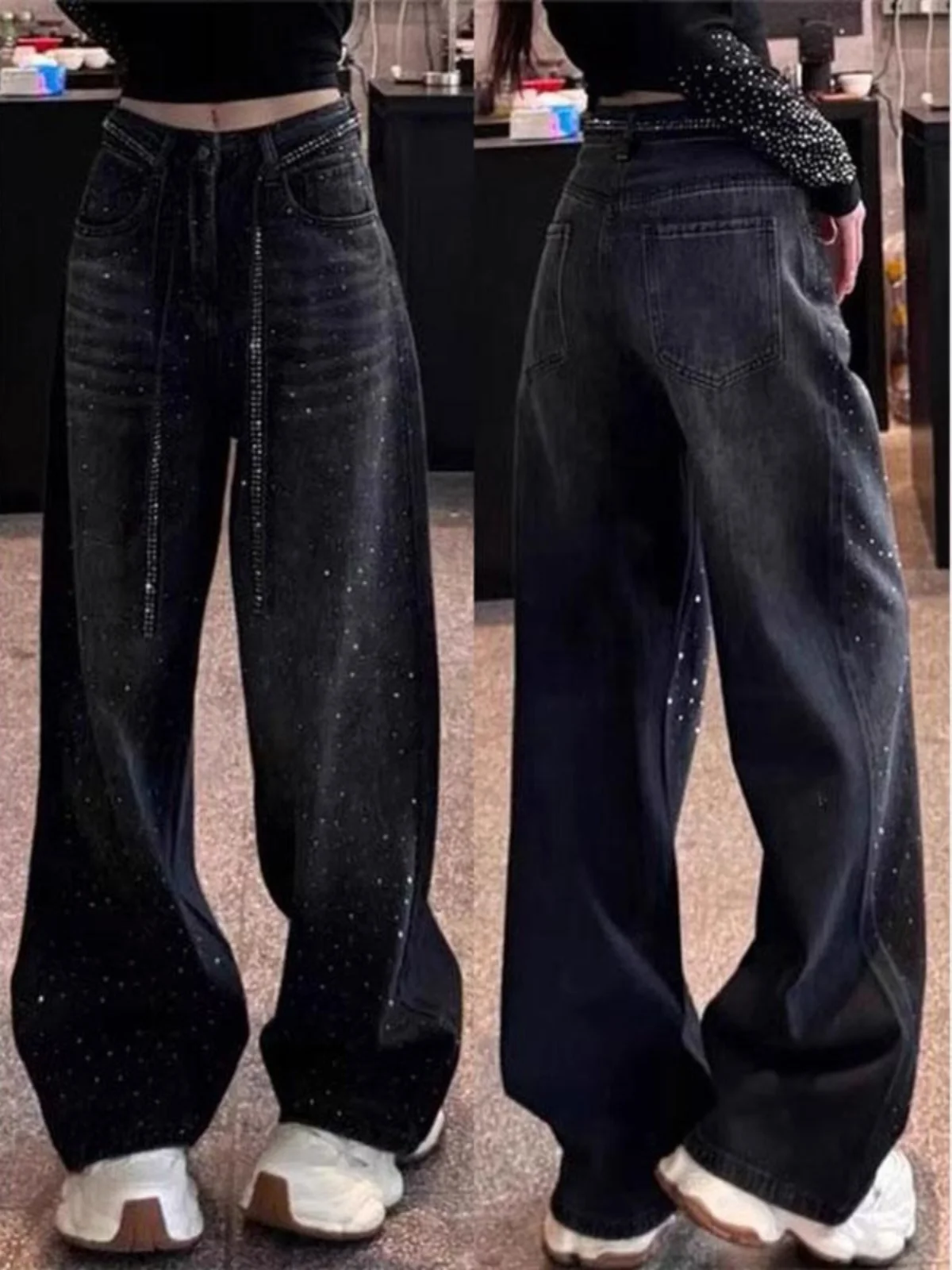 

American Sle High Waist Wide Leg Denim Jeans Women's Spring New plus Size Faux Diamond Embellied Bla Slimming Faion F...