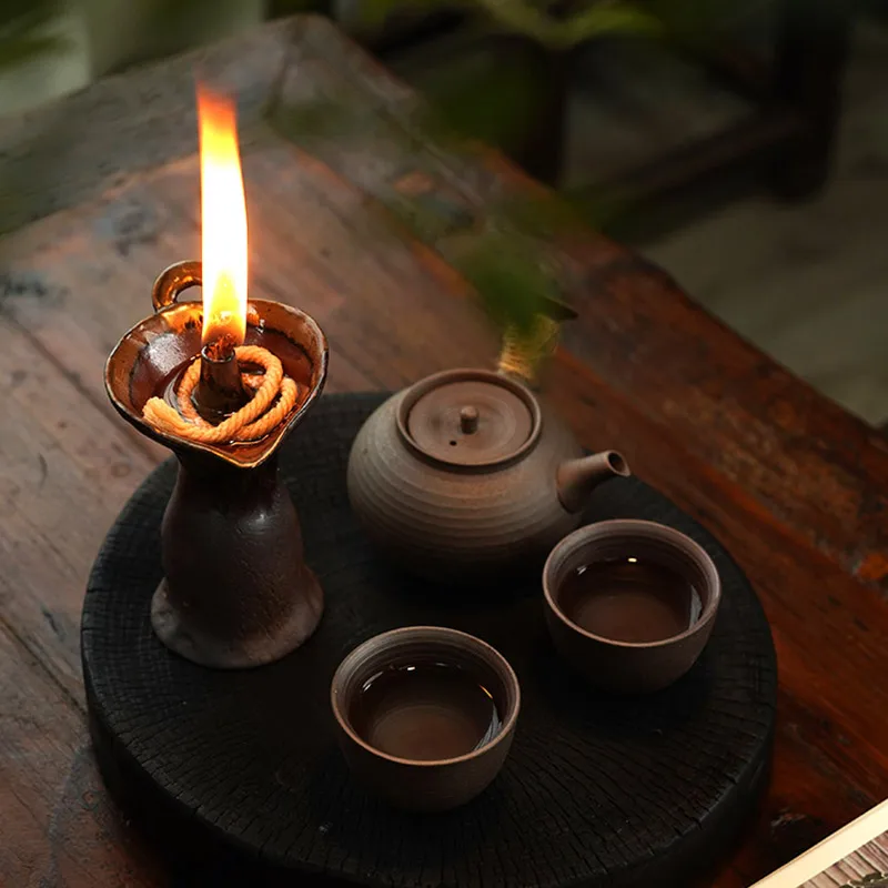 Oil Lamp Handmade Coarse Pottery Retro Chinese Ceramic Lamp Wabi-sabi Zen Candle Holder Tea Room Decor Ornament