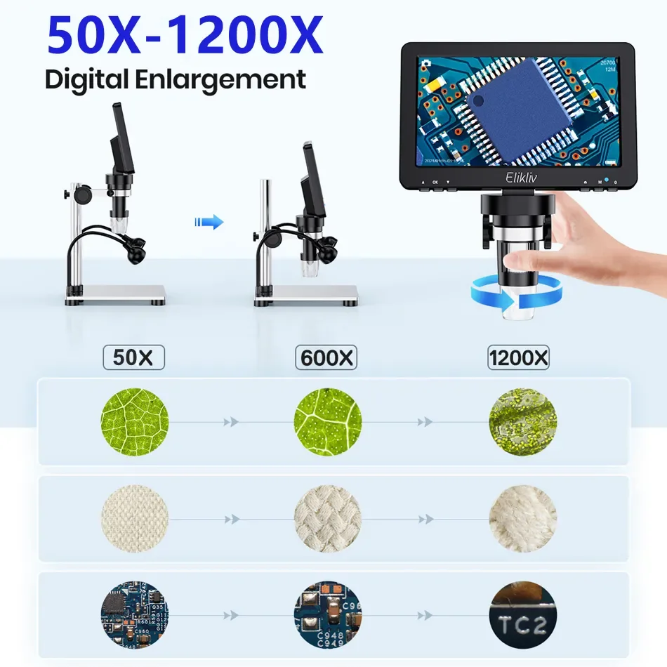 Elikliv EDM9 7 Inch 1080P LCD Digital Microscope 50X-1200X Soldering Electronics Microscopes With LED Lights Support PC Computer