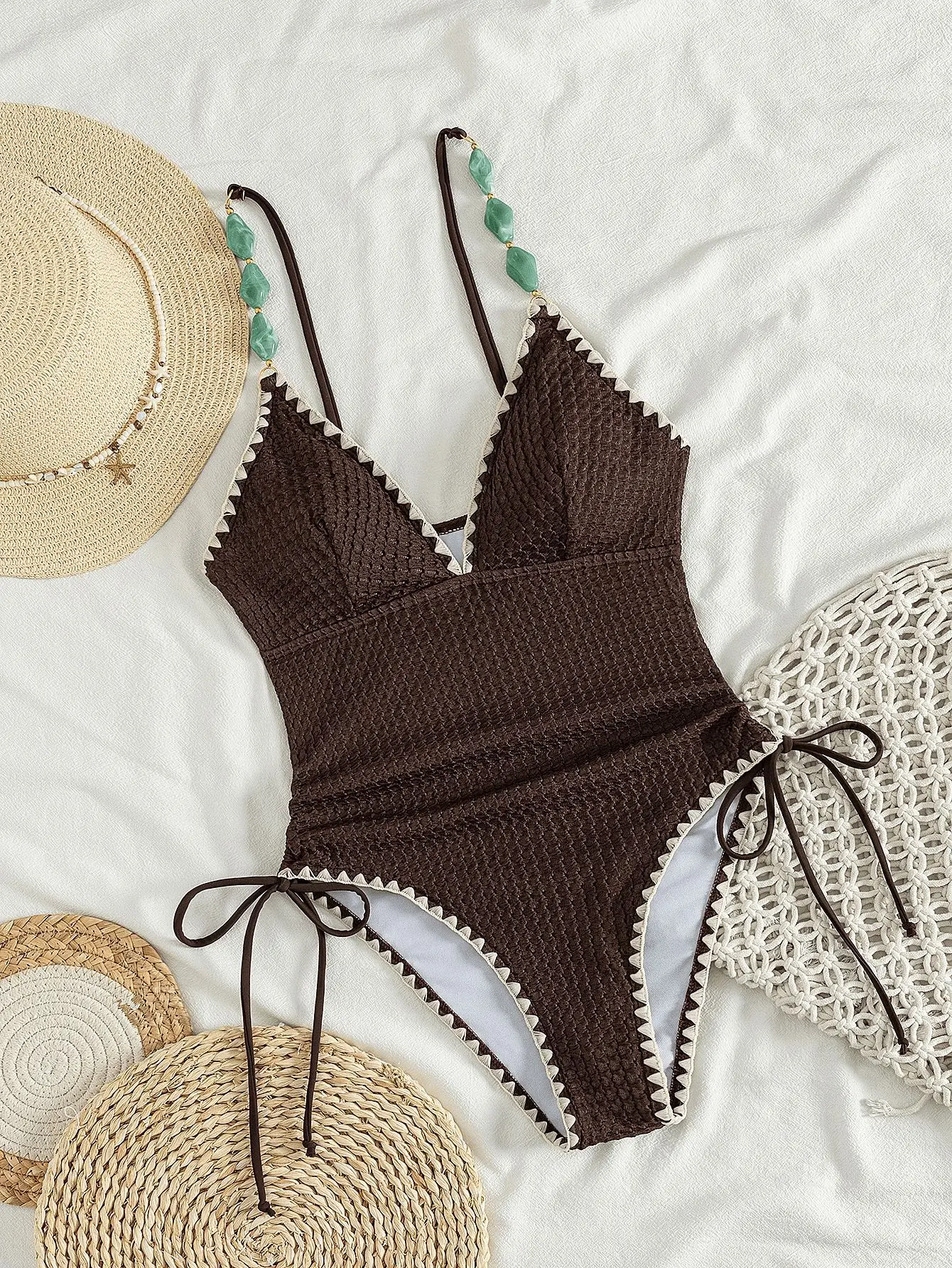 sexy brown deep v-neck patchwork beads swimsuits bikinis one piece bathing suits biquini swimwear women beach monokini tankini