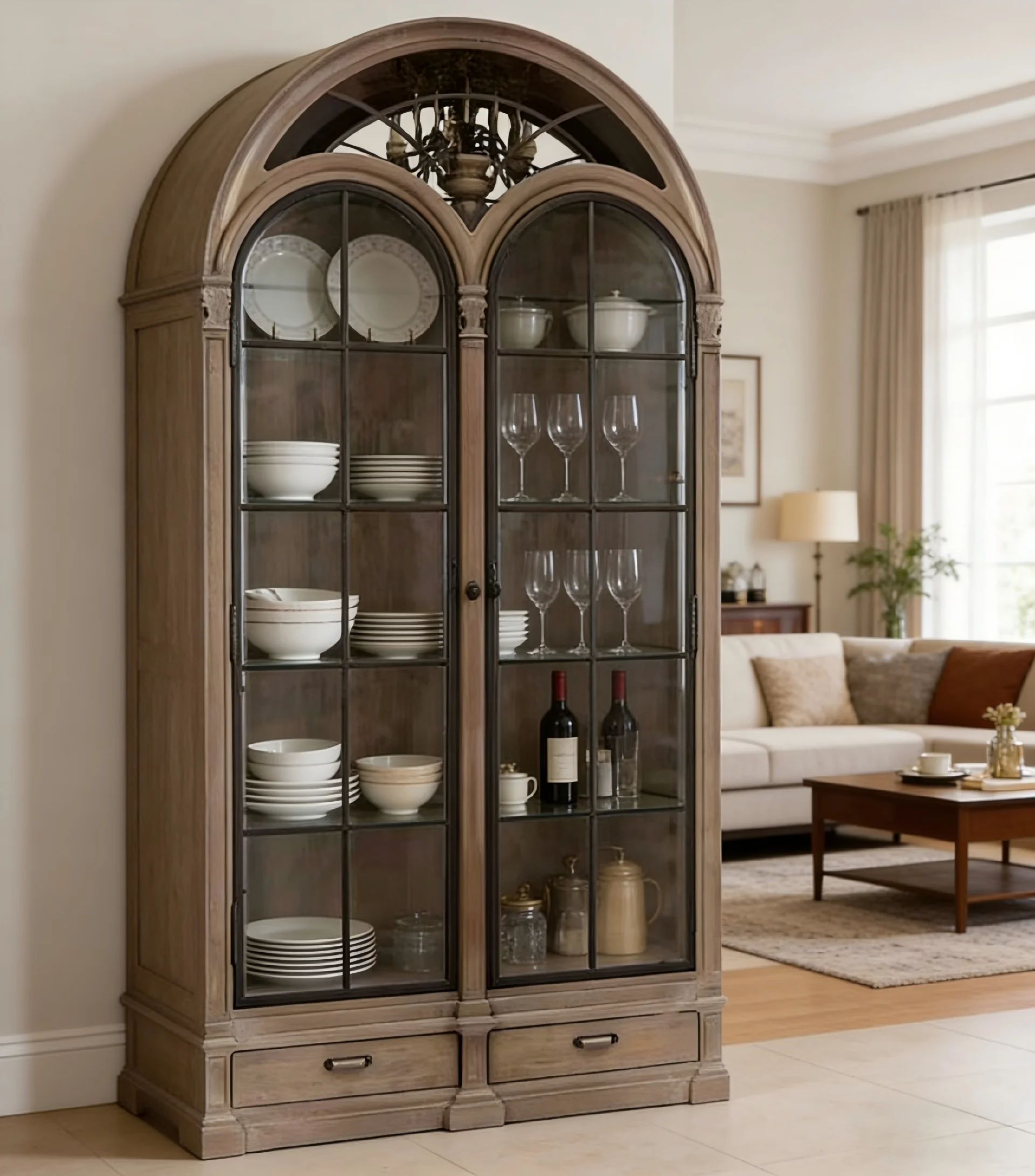 

Винный шкаф в американском стиле из массива дерева, полукруглый, с двойными дверцами, многофункциональный, для столовой и гостиной, витрина